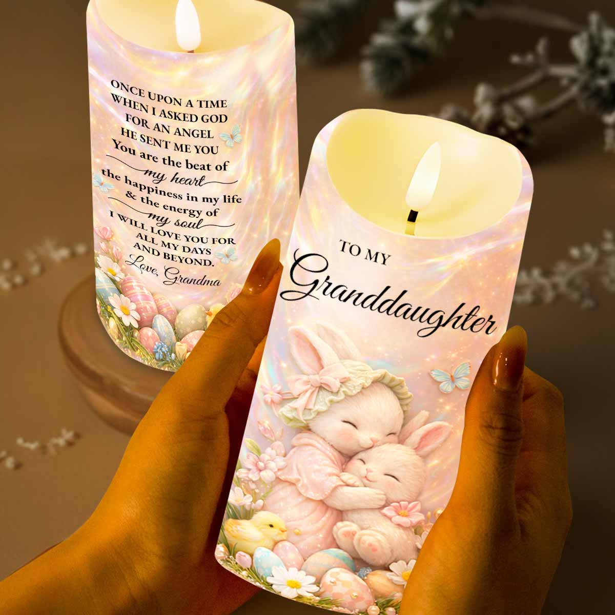 To My Granddaughter Once Upon A Time Rabbit Easter Egg Flower - Personalized Custom LED Candle - GDT647_LECA