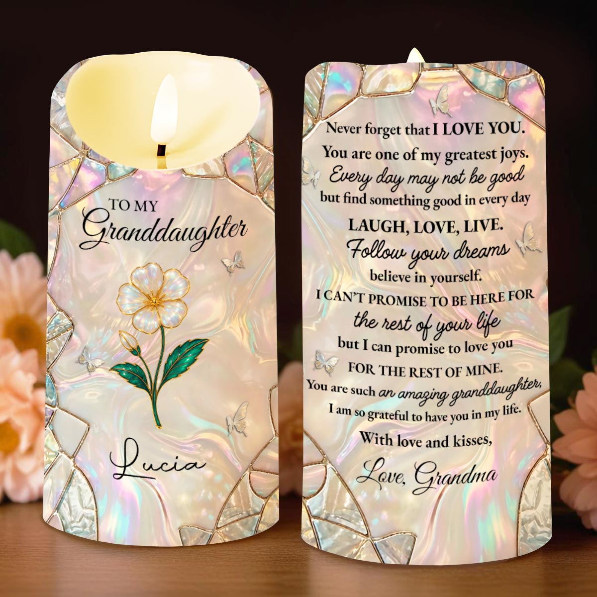 To My Granddaughter Never Forget That I Love You Flower Butterflies Mosaic - Personalized Custom LED Candle - GDT649_LECA
