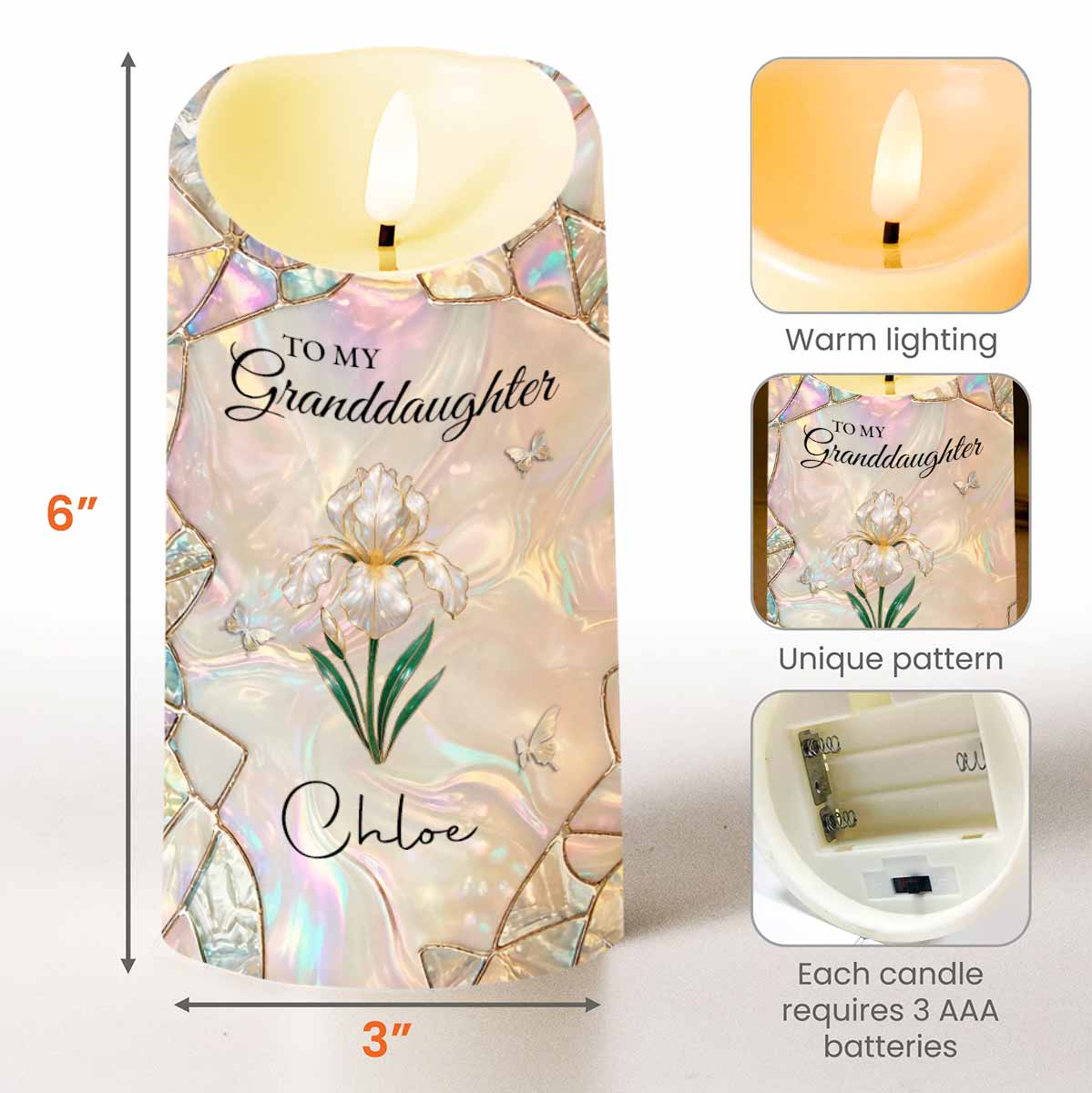 To My Granddaughter Never Forget That I Love You Flower Butterflies Mosaic - Personalized Custom LED Candle - GDT649_LECA