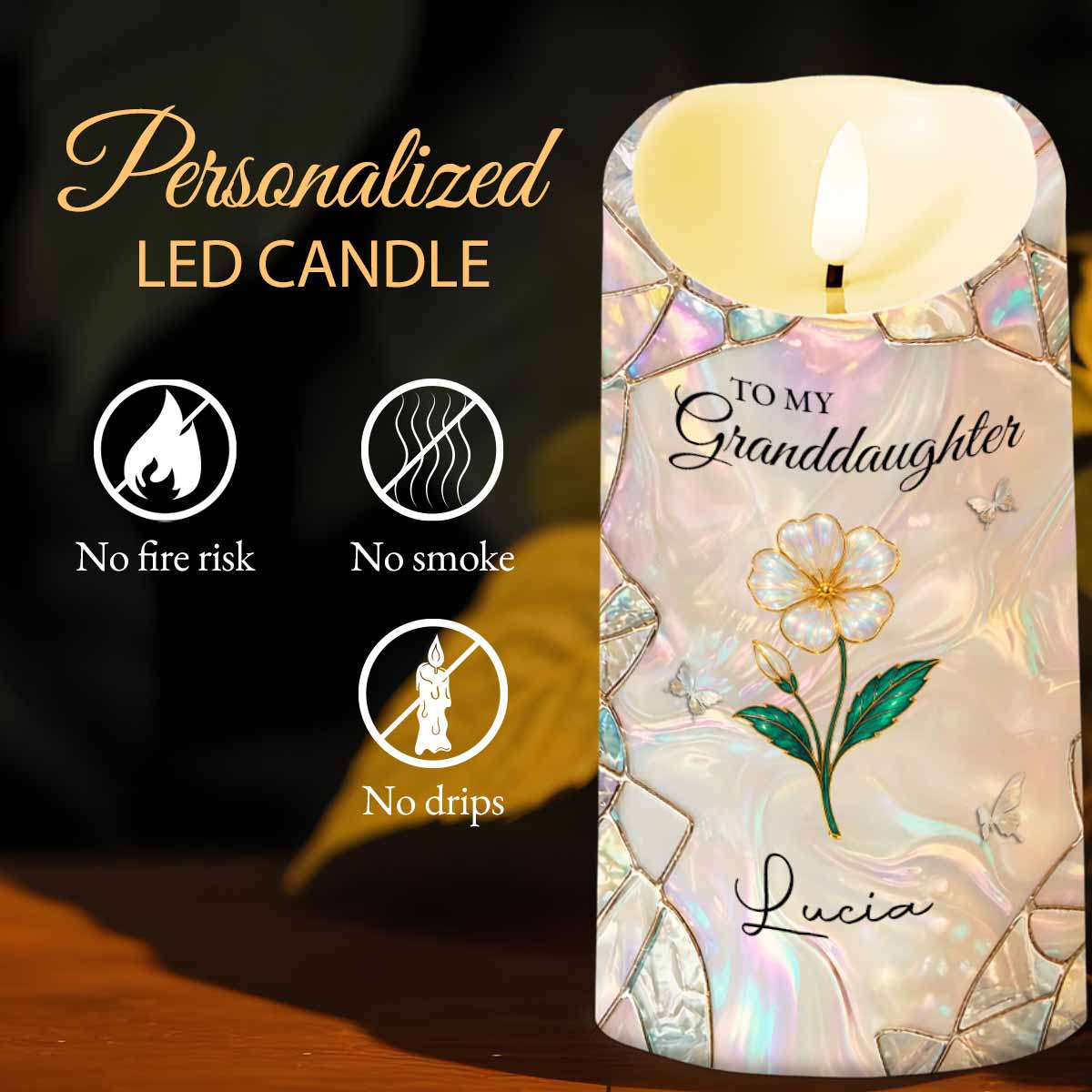 To My Granddaughter Never Forget That I Love You Flower Butterflies Mosaic - Personalized Custom LED Candle - GDT649_LECA