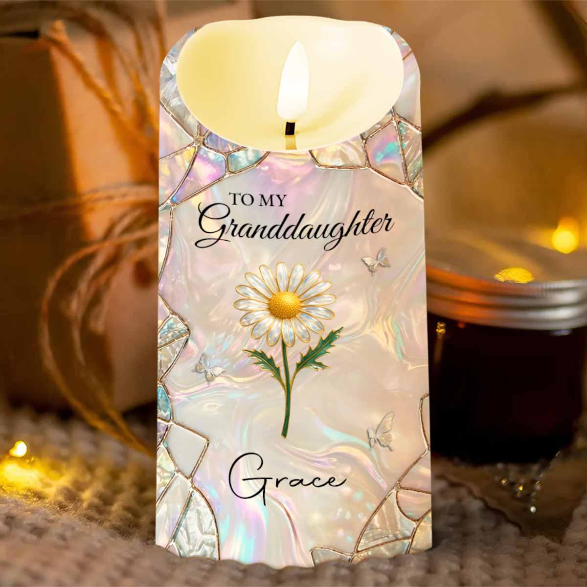 To My Granddaughter Never Forget That I Love You Flower Butterflies Mosaic - Personalized Custom LED Candle - GDT649_LECA