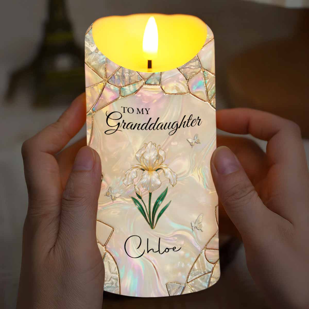 To My Granddaughter Never Forget That I Love You Flower Butterflies Mosaic - Personalized Custom LED Candle - GDT649_LECA