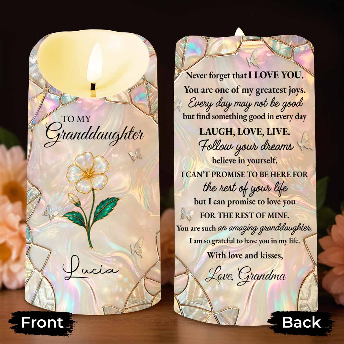 To My Granddaughter Never Forget That I Love You Flower Butterflies Mosaic - Personalized Custom LED Candle - GDT649_LECA