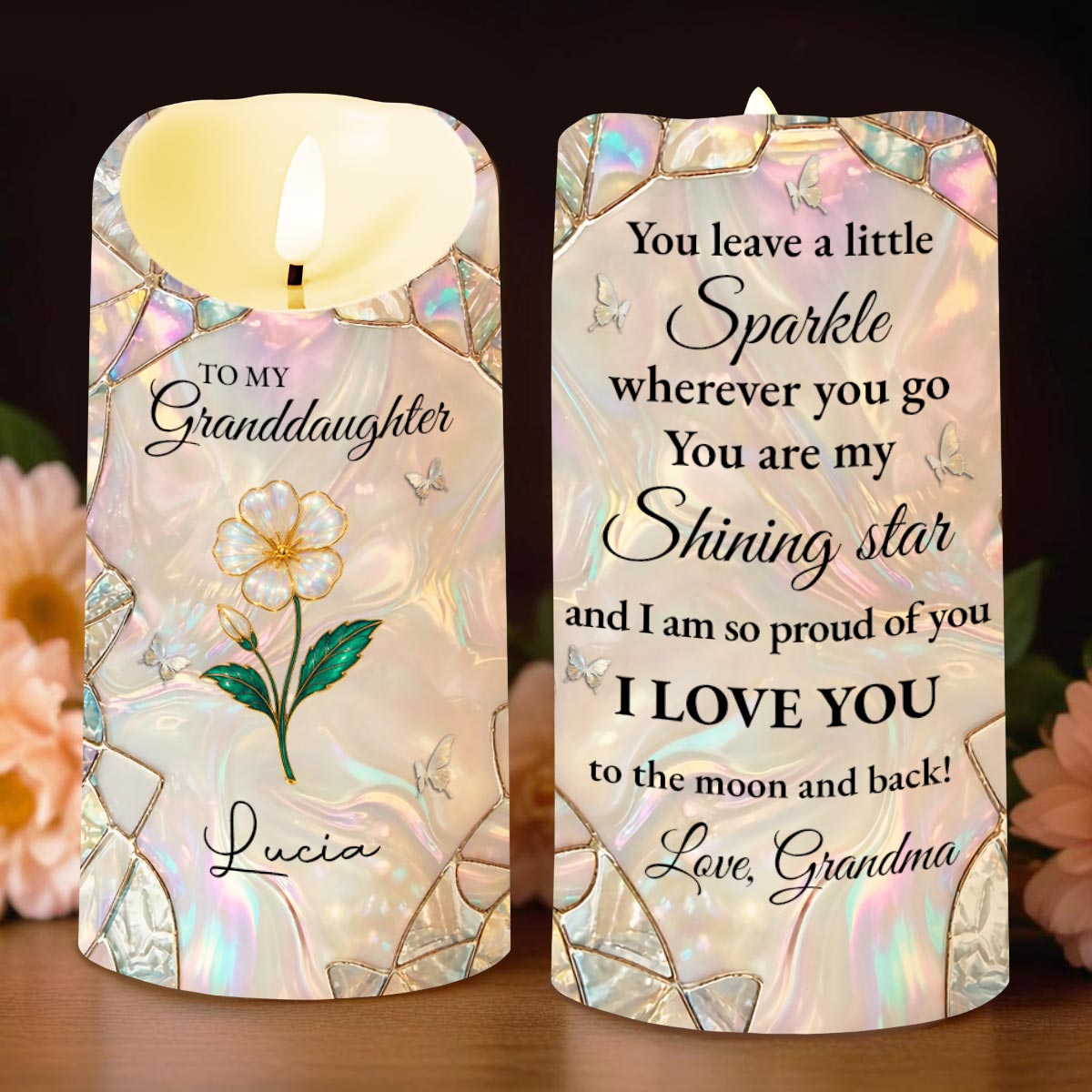 To My Granddaughter You Leave A Little Sparkle Flower Butterfly - Personalized Custom LED Candle - GDT650_LECA