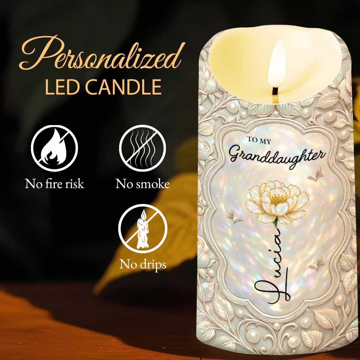 To My Granddaughter Whenever You Feel Overwhelmed Straighten Your Crown Flower Design - Personalized Custom LED Candle - GDT653_LECA
