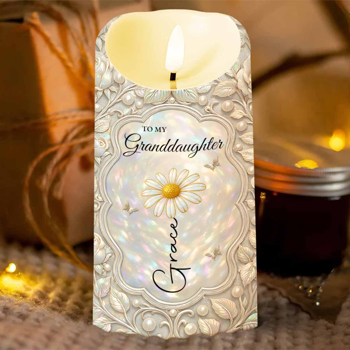 To My Granddaughter Never Forget That I Love You Flower Butterflies Design - Personalized Custom LED Candle - GDT655_LECA
