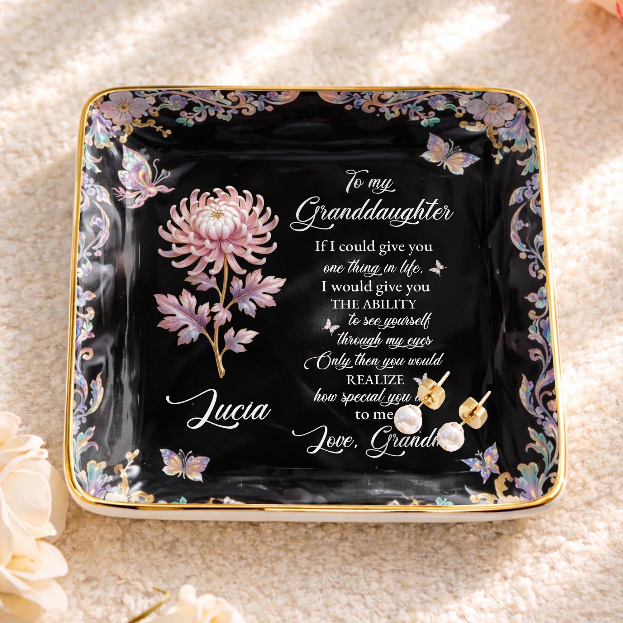 To My Granddaughter If I Could Give You Flower And Butterfly Jewelry Dish - Personalized Custom Jewelry Dish, Ceramic Dish, Square Shape - GDT660_SCRF