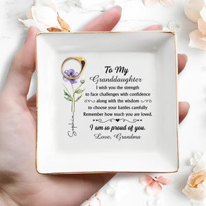 To My Granddaughter I Wish You Strength Purple Flower Design - Personalized Custom Jewelry Dish, Square Ceramic Dish - GDT661_SCRD