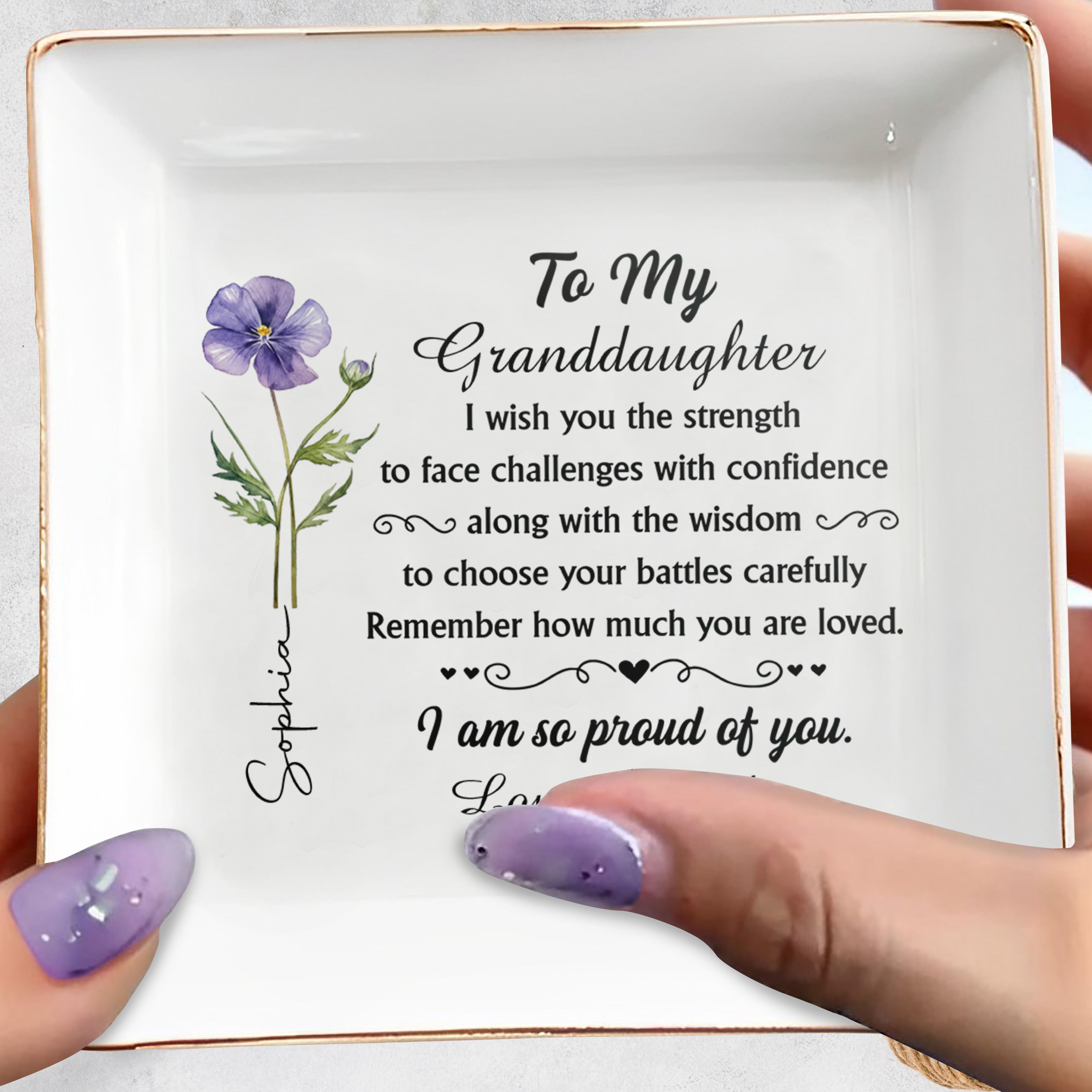 To My Granddaughter I Wish You Strength Purple Flower Design - Personalized Custom Jewelry Dish, Square Ceramic Dish - GDT661_SCRD