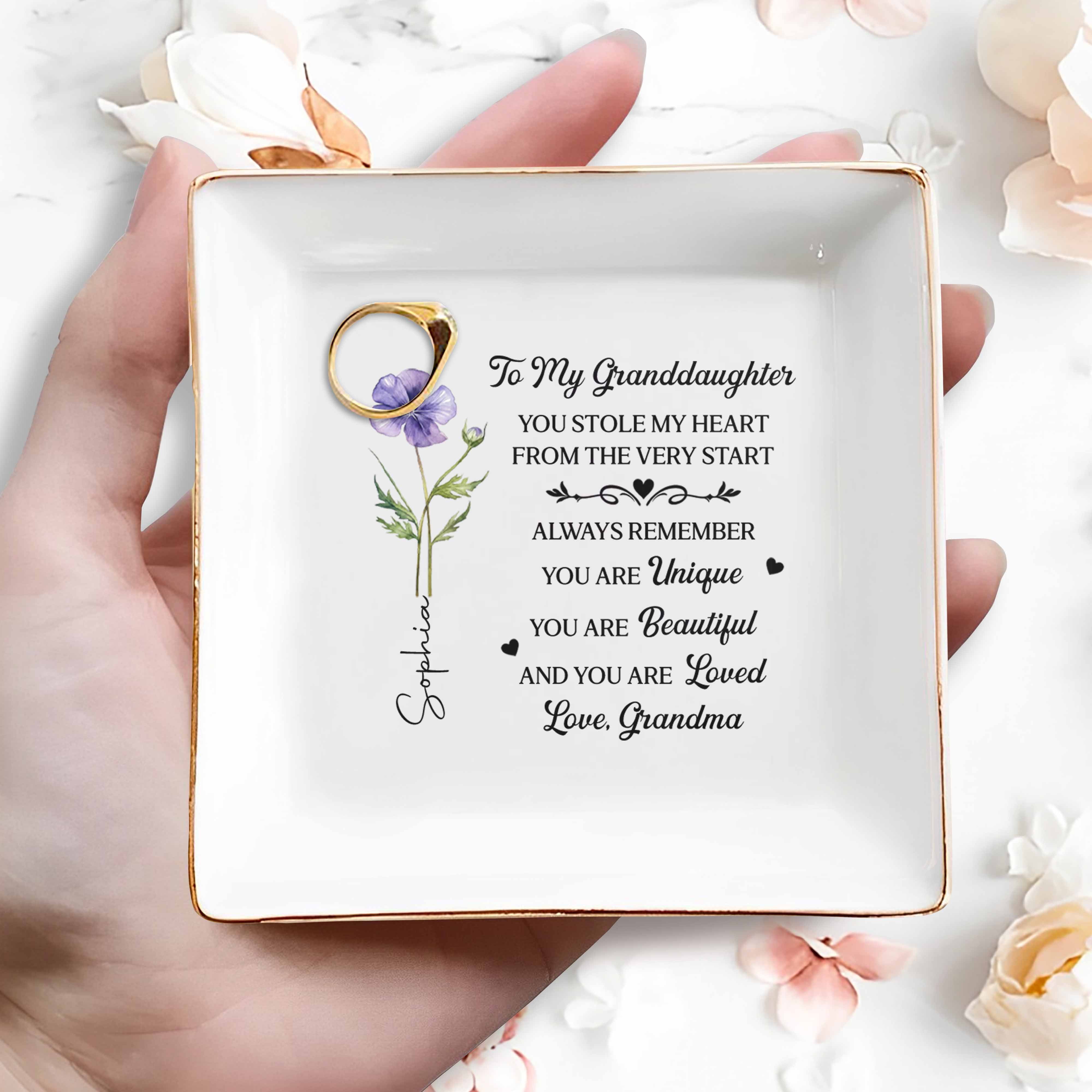 To My Granddaughter You Stole My Heart Birth Month Flower - Personalized Custom Jewelry Dish, Square Ceramic Dish - GDT663_SCRD