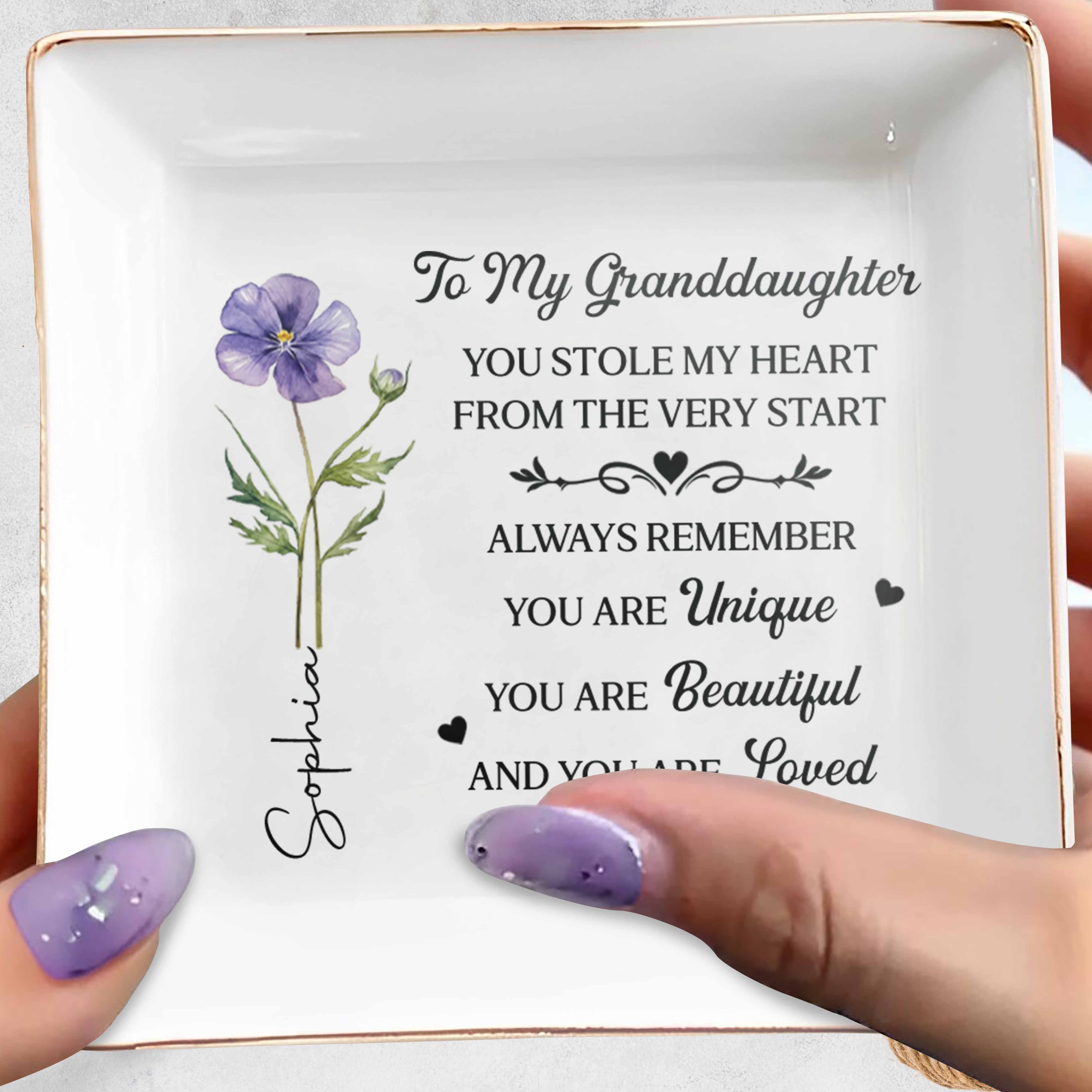 To My Granddaughter You Stole My Heart Birth Month Flower - Personalized Custom Jewelry Dish, Square Ceramic Dish - GDT663_SCRD