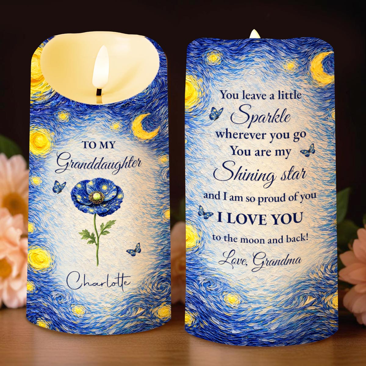 To My Granddaughter You Leave A Little Sparkle Starry Night Flower - Personalized Custom LED Candle - GDT664_LECA