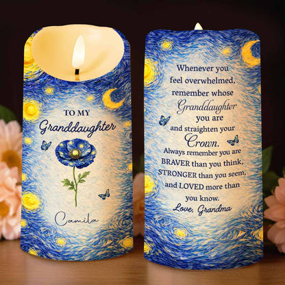 To My Granddaughter Straighten Your Crown Birth Month Flower Starry Night - Personalized Custom LED Candle - GDT665_LECA