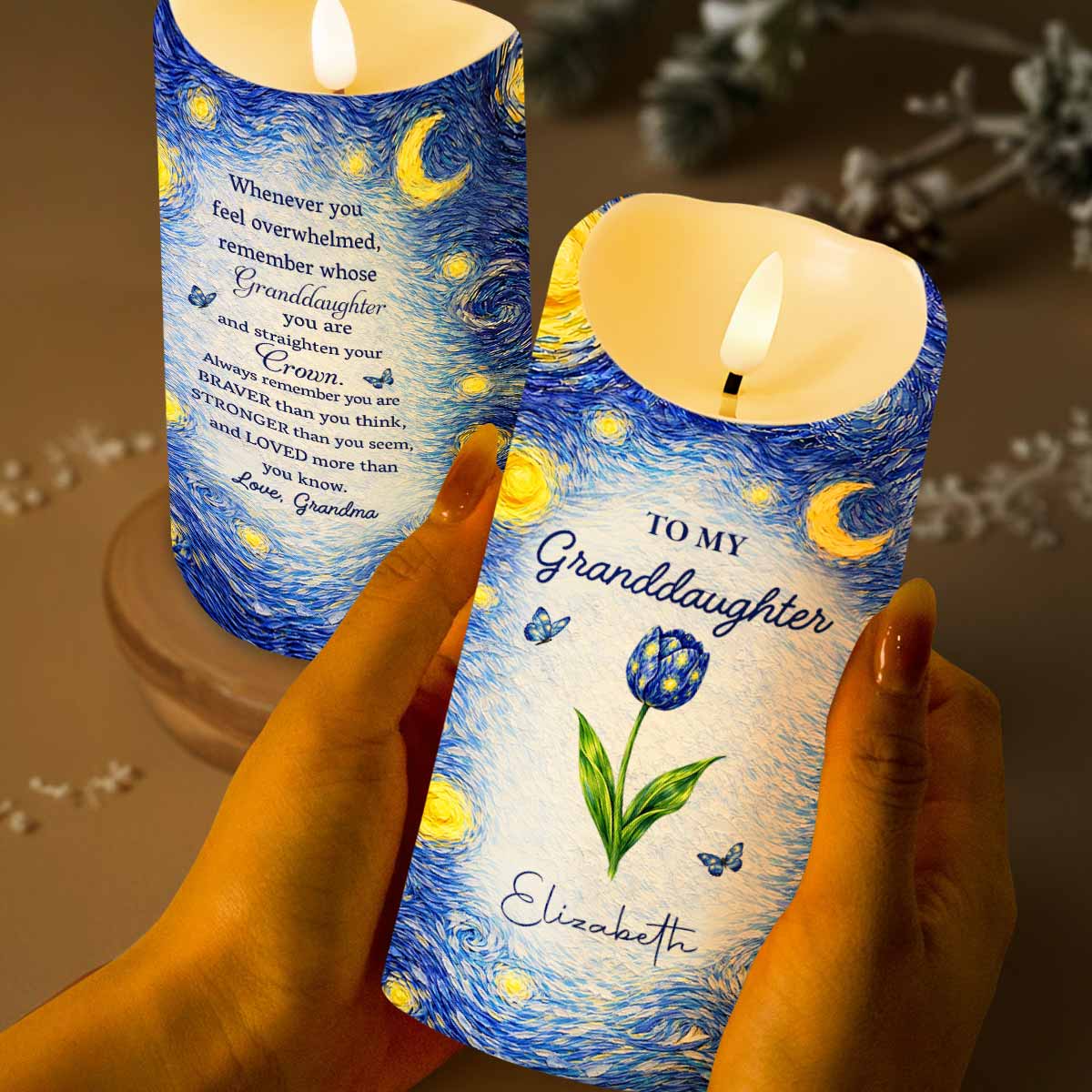 To My Granddaughter Straighten Your Crown Birth Month Flower Starry Night - Personalized Custom LED Candle - GDT665_LECA