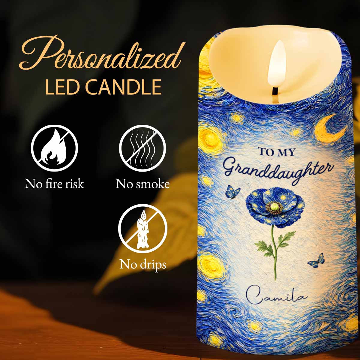 To My Granddaughter Straighten Your Crown Birth Month Flower Starry Night - Personalized Custom LED Candle - GDT665_LECA