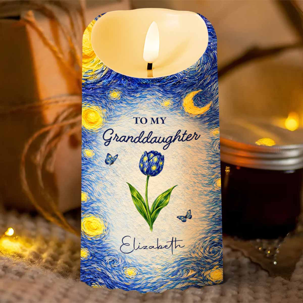 To My Granddaughter Straighten Your Crown Birth Month Flower Starry Night - Personalized Custom LED Candle - GDT665_LECA