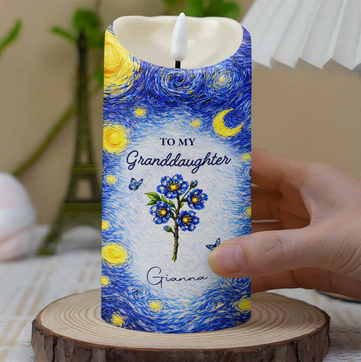 To My Granddaughter Straighten Your Crown Birth Month Flower Starry Night - Personalized Custom LED Candle - GDT665_LECA