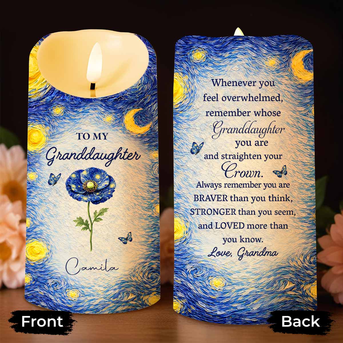 To My Granddaughter Straighten Your Crown Birth Month Flower Starry Night - Personalized Custom LED Candle - GDT665_LECA