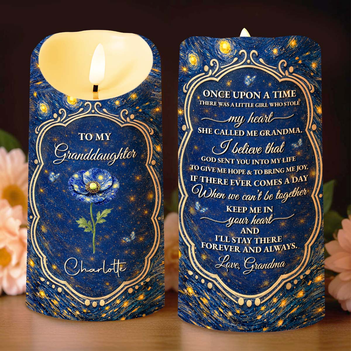 To My Granddaughter Once Upon A Time Blue Flower Starry Night - Personalized Custom LED Candle - GDT669_LECA