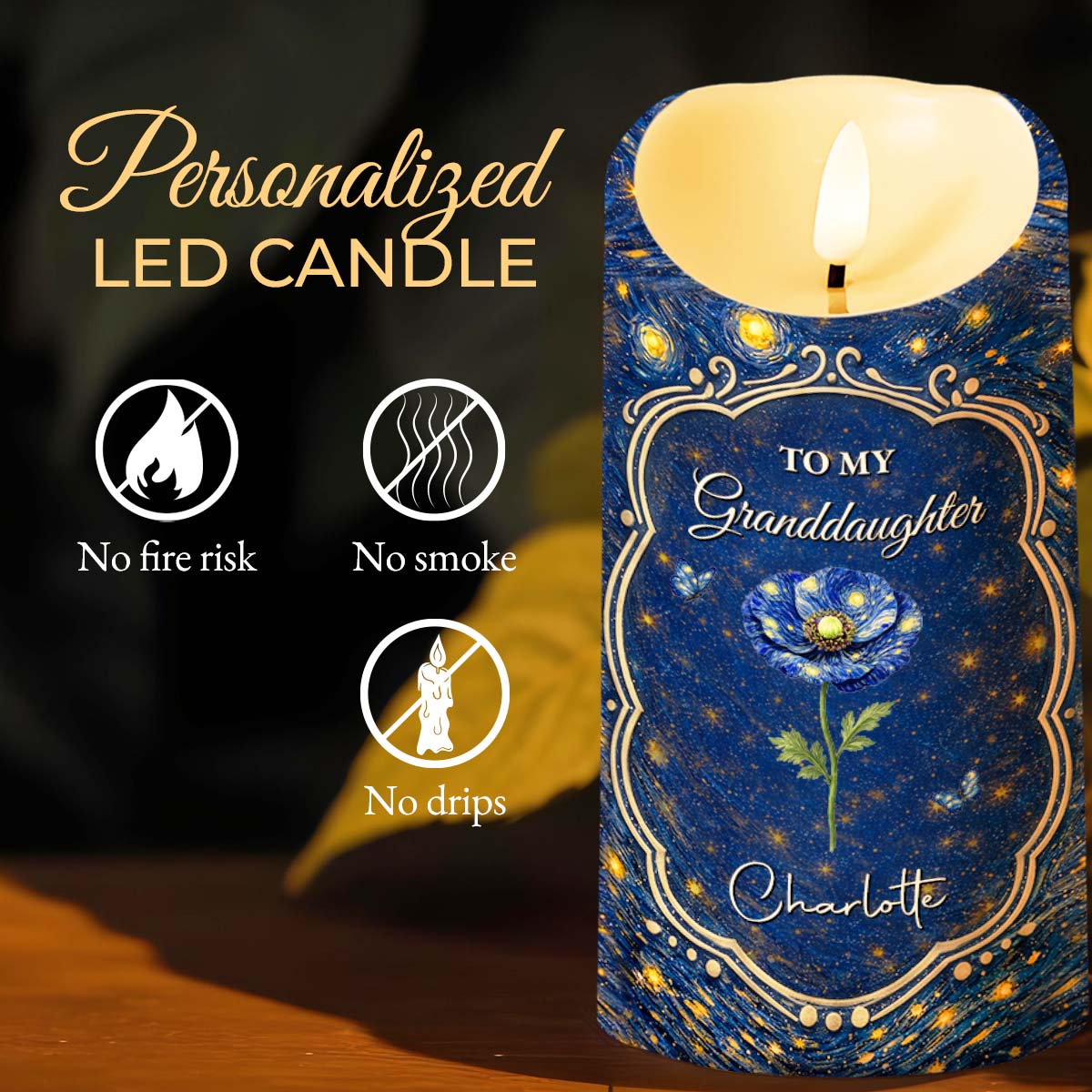 To My Granddaughter Once Upon A Time Blue Flower Starry Night - Personalized Custom LED Candle - GDT669_LECA