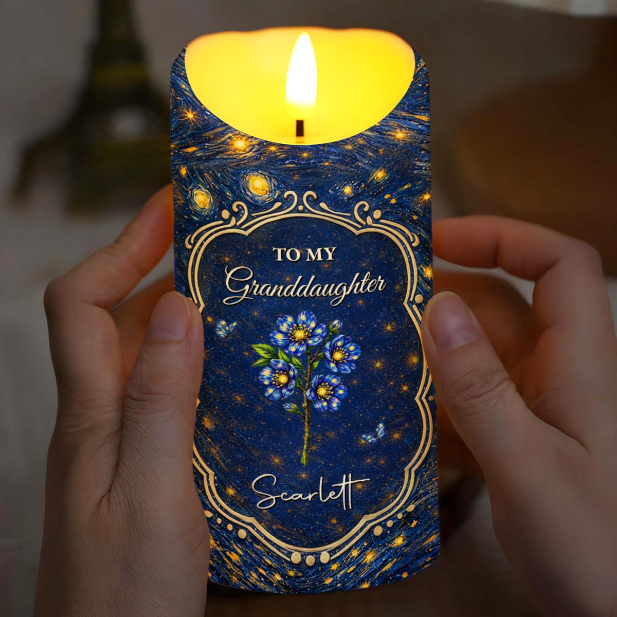 To My Granddaughter Once Upon A Time Blue Flower Starry Night - Personalized Custom LED Candle - GDT669_LECA
