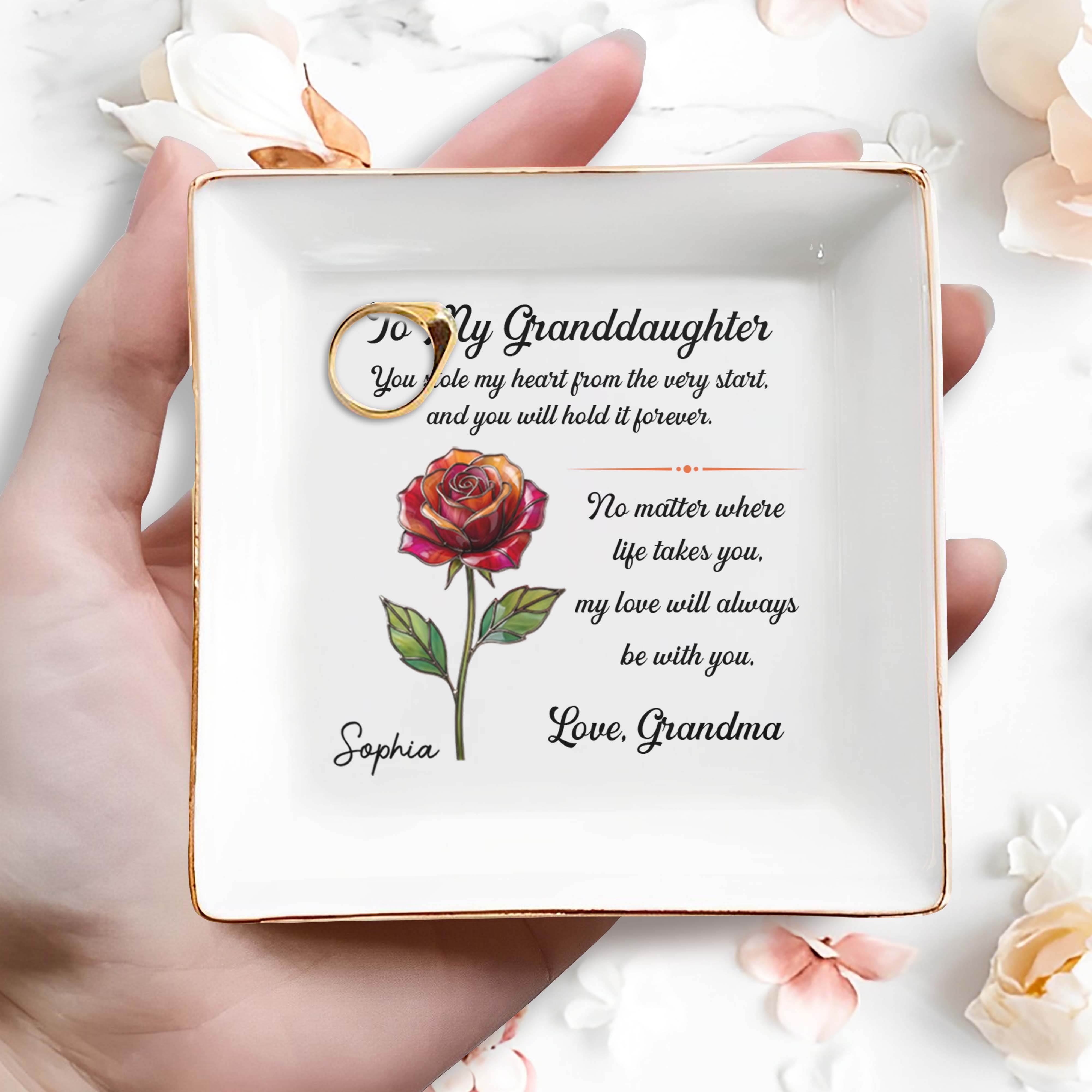 To My Granddaughter You Stole My Heart Rose Flower - Personalized Custom Jewelry Dish, Square Ceramic Dish - GDT671_SCRD