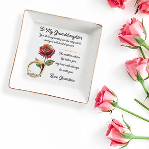To My Granddaughter You Stole My Heart Rose Flower - Personalized Custom Jewelry Dish, Square Ceramic Dish - GDT671_SCRD