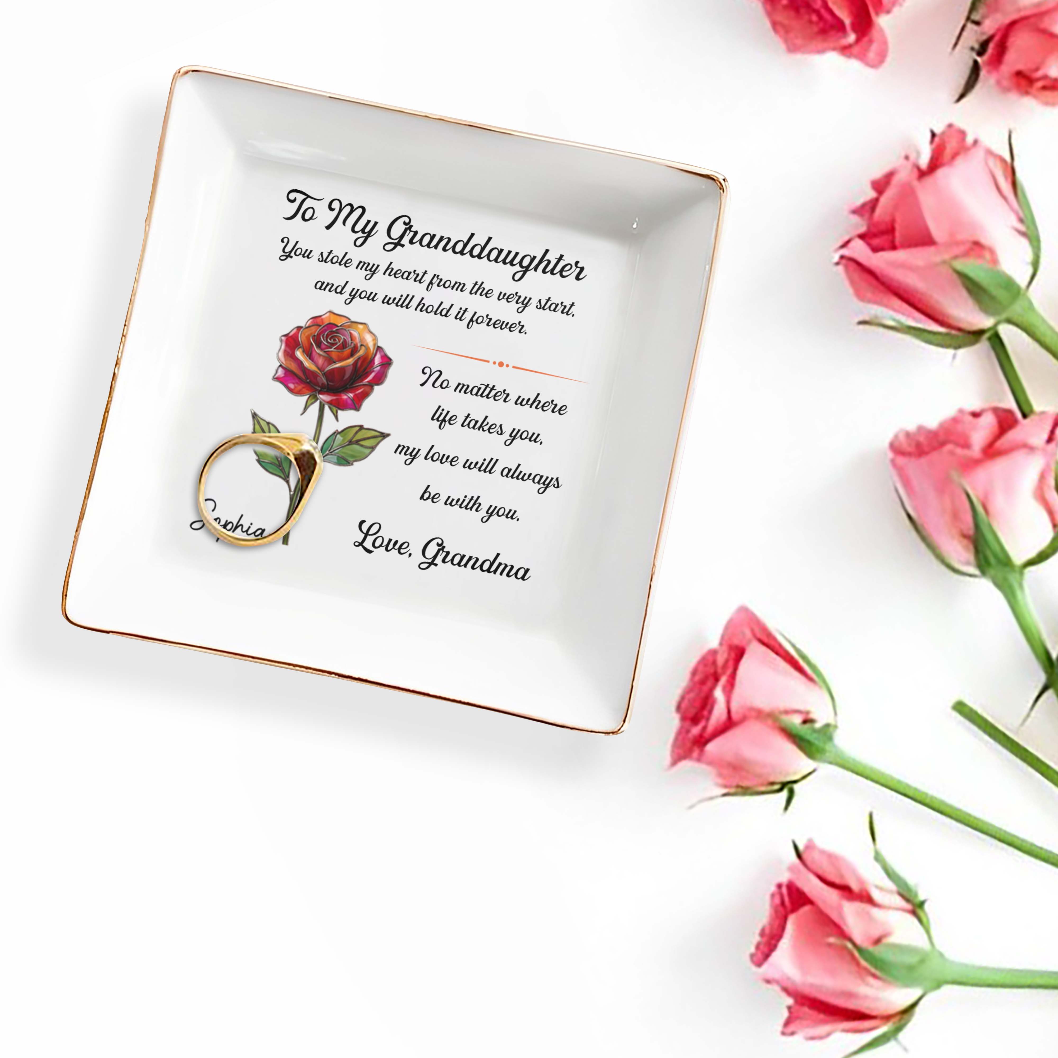 To My Granddaughter You Stole My Heart Rose Flower - Personalized Custom Jewelry Dish, Square Ceramic Dish - GDT671_SCRD