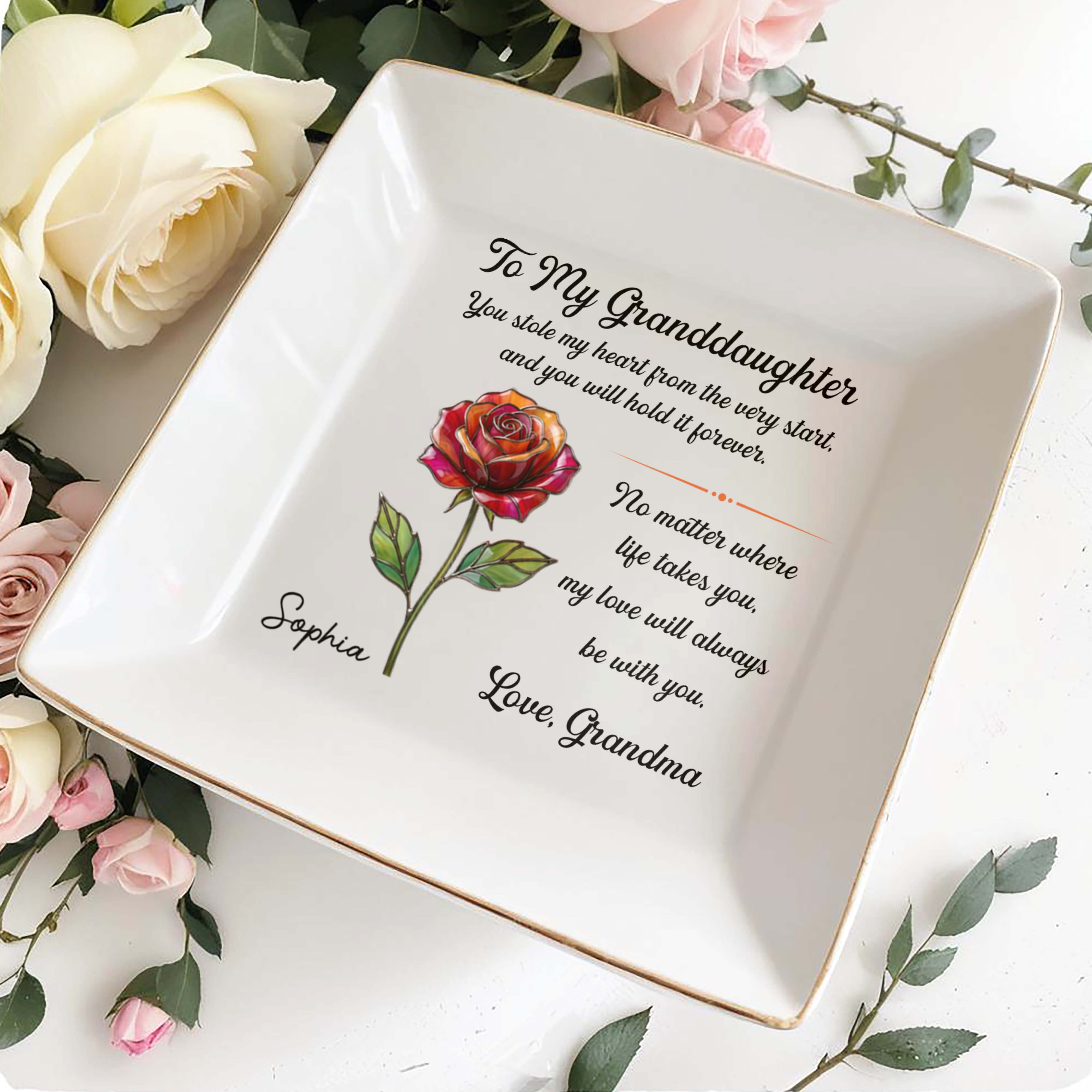 To My Granddaughter You Stole My Heart Rose Flower - Personalized Custom Jewelry Dish, Square Ceramic Dish - GDT671_SCRD