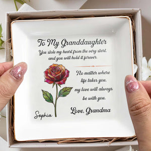 To My Granddaughter You Stole My Heart Rose Flower - Personalized Custom Jewelry Dish, Square Ceramic Dish - GDT671_SCRD