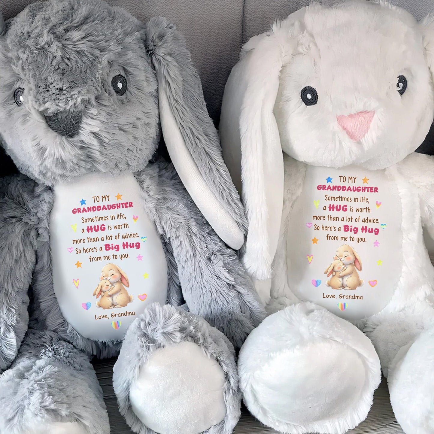 To My Granddaughter A Big Hug With Hugging Bunnies And Hearts - Personalized Stuffed Bunny - GDT672_BUN