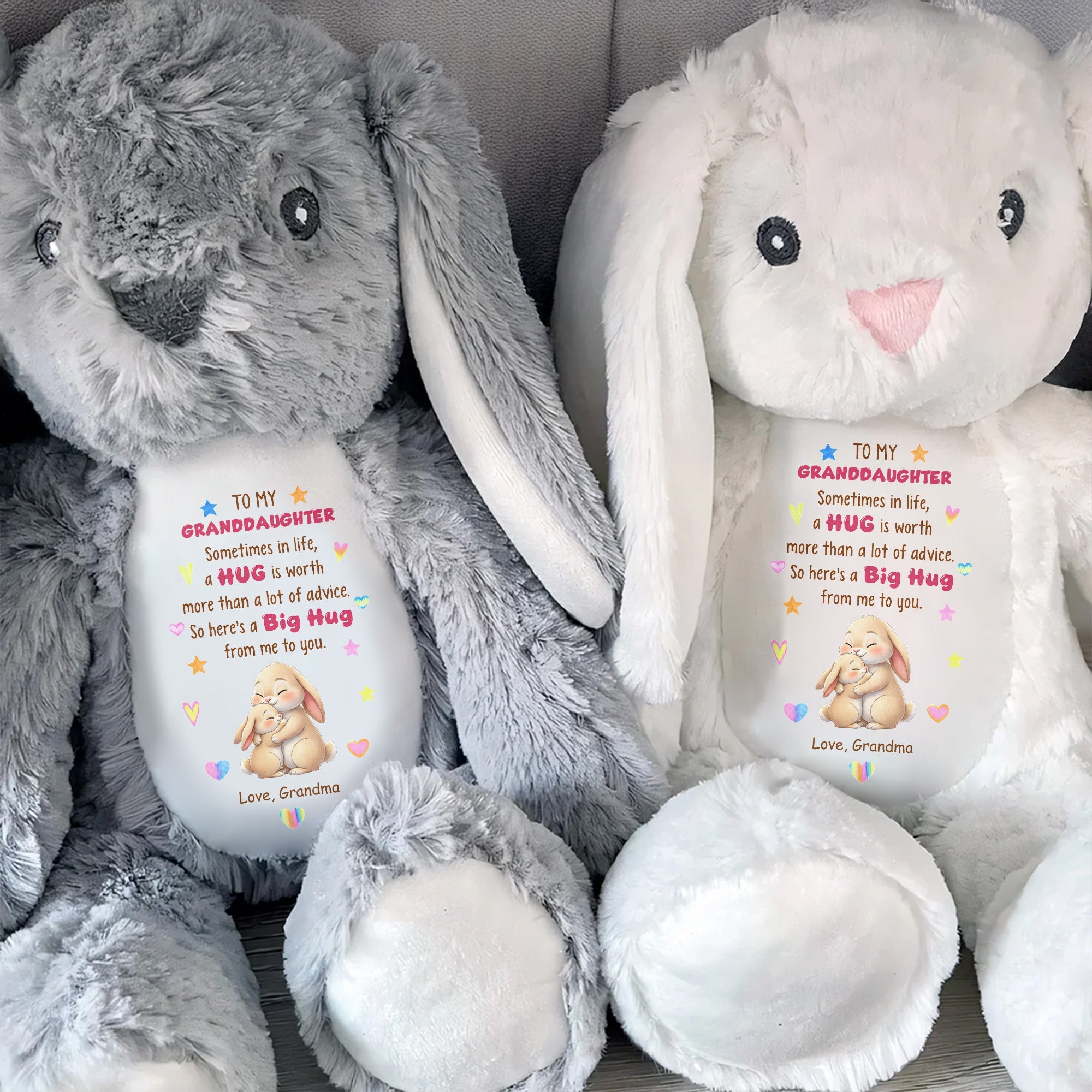 To My Granddaughter A Big Hug With Hugging Bunnies And Hearts - Personalized Stuffed Bunny - GDT672_BUN
