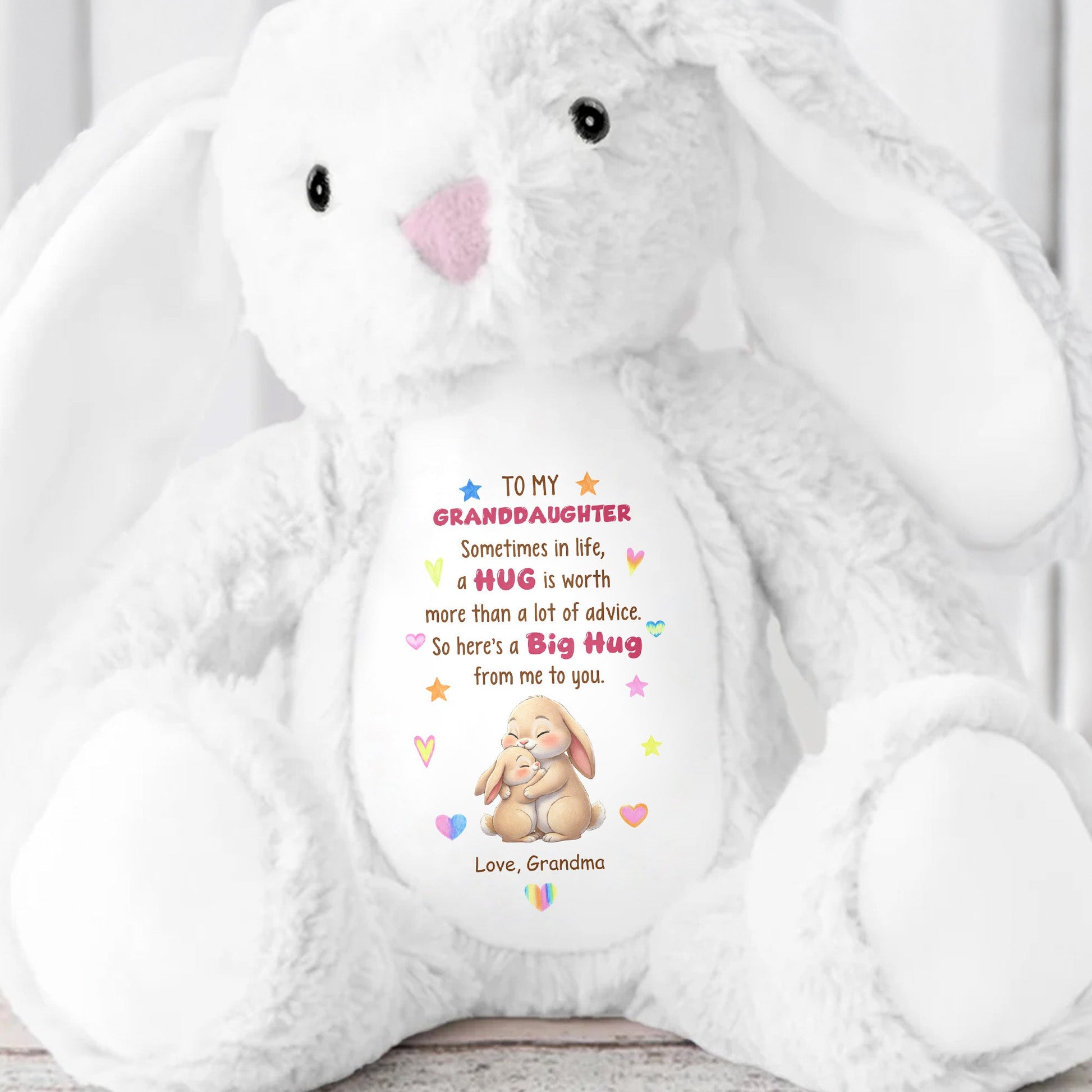 To My Granddaughter A Big Hug With Hugging Bunnies And Hearts - Personalized Stuffed Bunny - GDT672_BUN