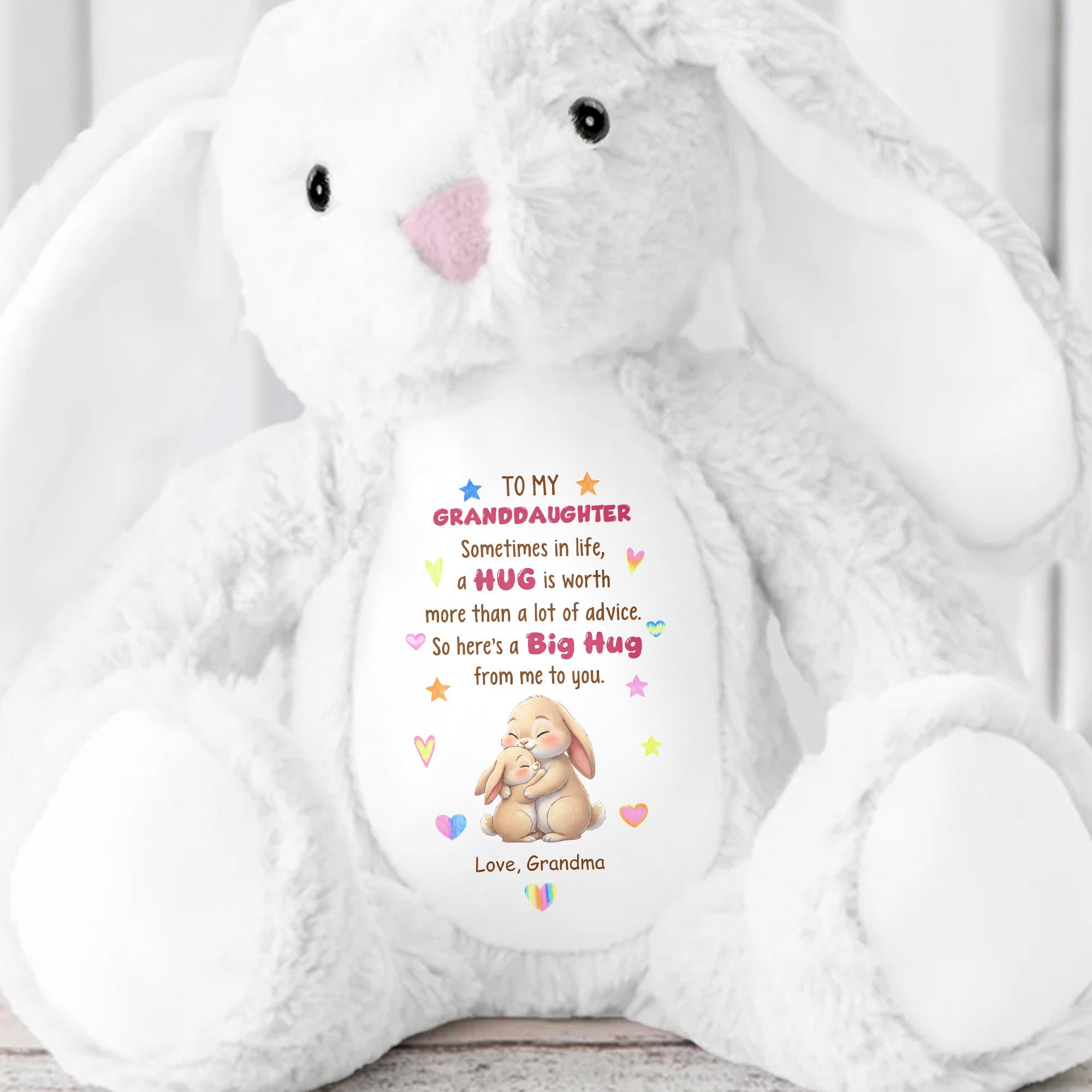 To My Granddaughter A Big Hug With Hugging Bunnies And Hearts - Personalized Stuffed Bunny - GDT672_BUN