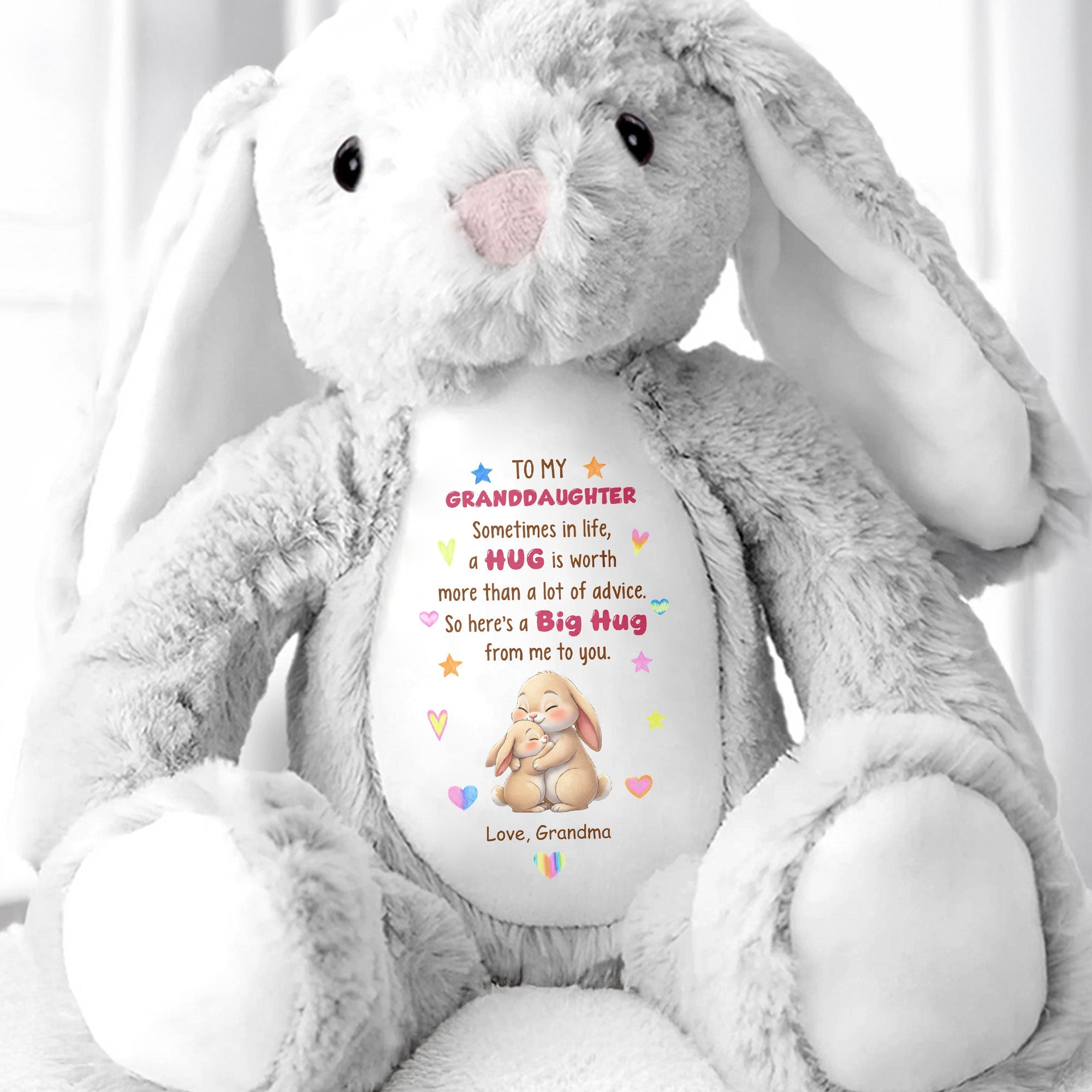 To My Granddaughter A Big Hug With Hugging Bunnies And Hearts - Personalized Stuffed Bunny - GDT672_BUN
