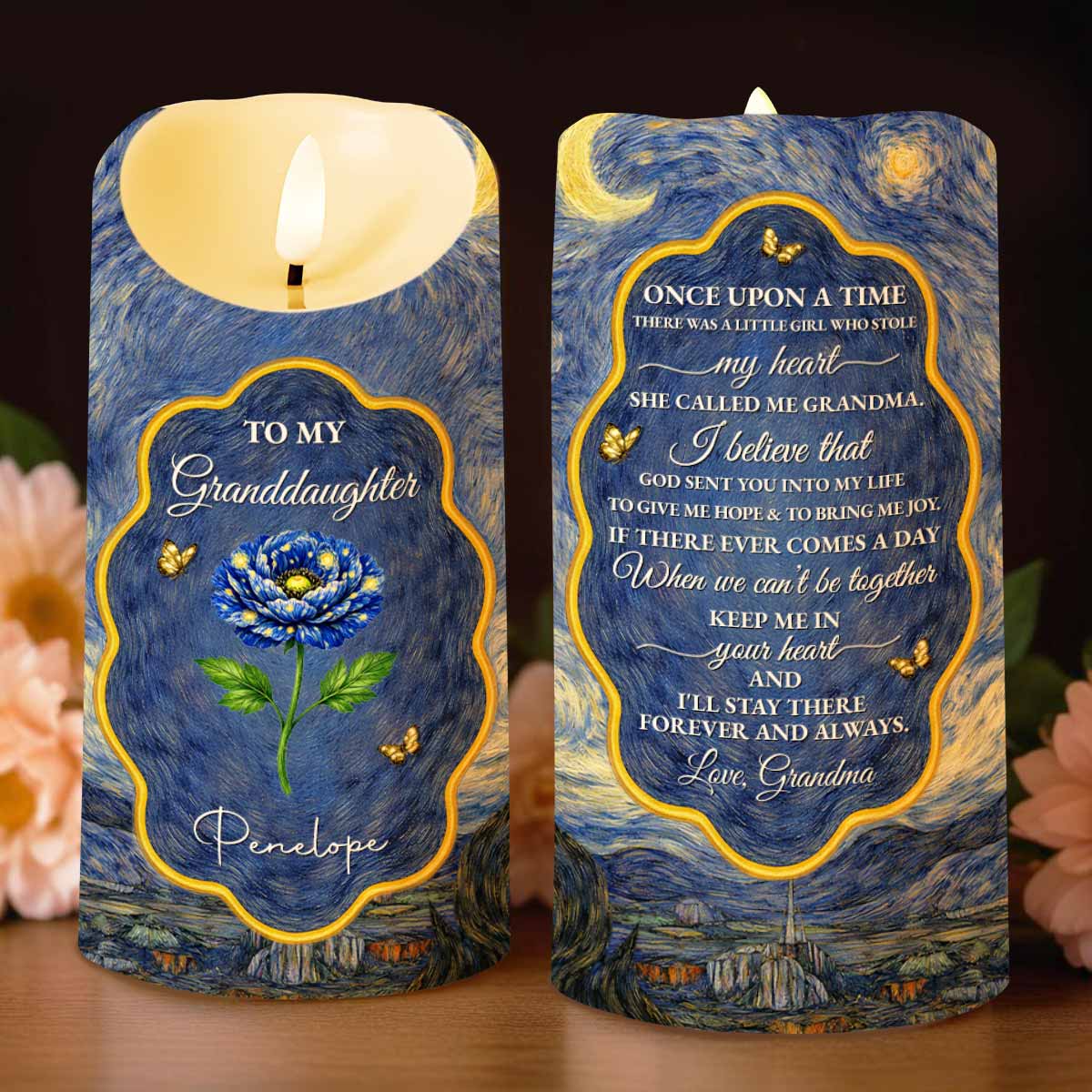 To My Granddaughter Once Upon A Time Blue Flower And Butterflies - Personalized Custom LED Candle - GDT682_LECA