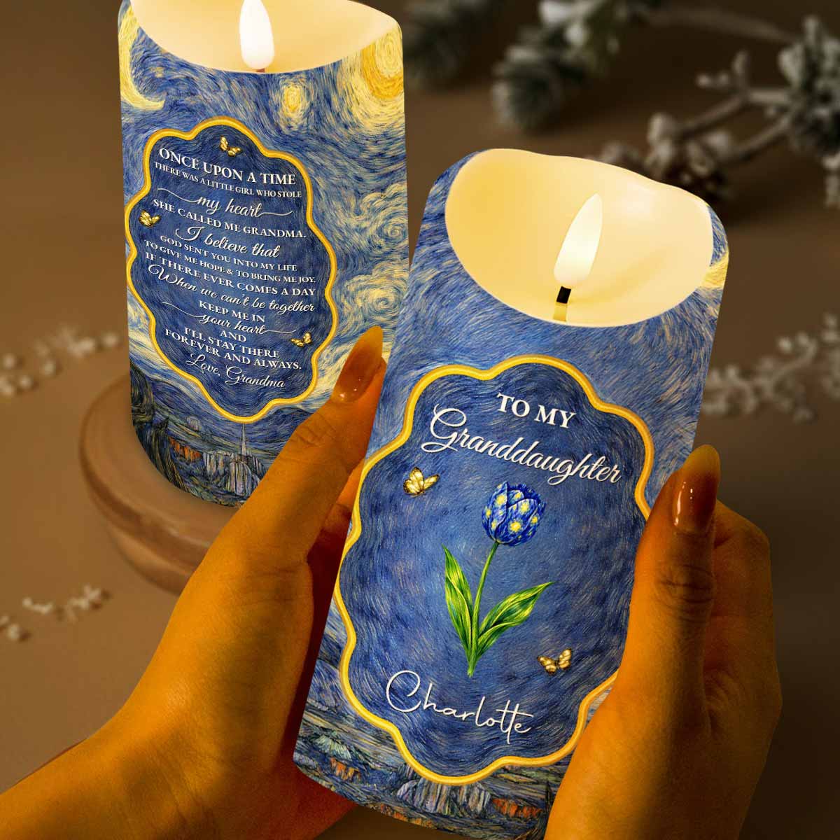 To My Granddaughter Once Upon A Time Blue Flower And Butterflies - Personalized Custom LED Candle - GDT682_LECA