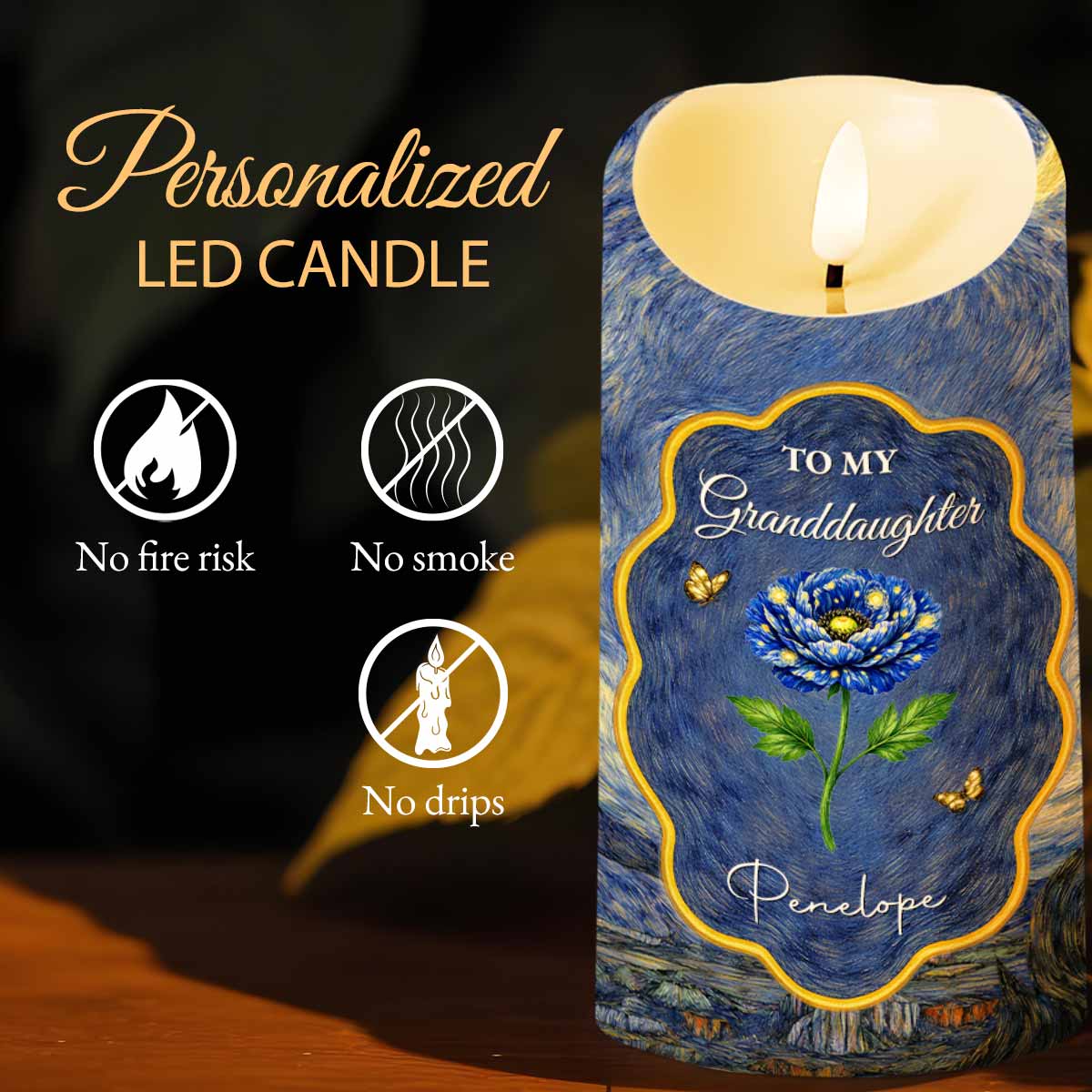 To My Granddaughter Once Upon A Time Blue Flower And Butterflies - Personalized Custom LED Candle - GDT682_LECA