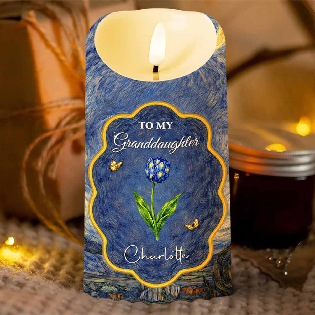 To My Granddaughter Once Upon A Time Blue Flower And Butterflies - Personalized Custom LED Candle - GDT682_LECA