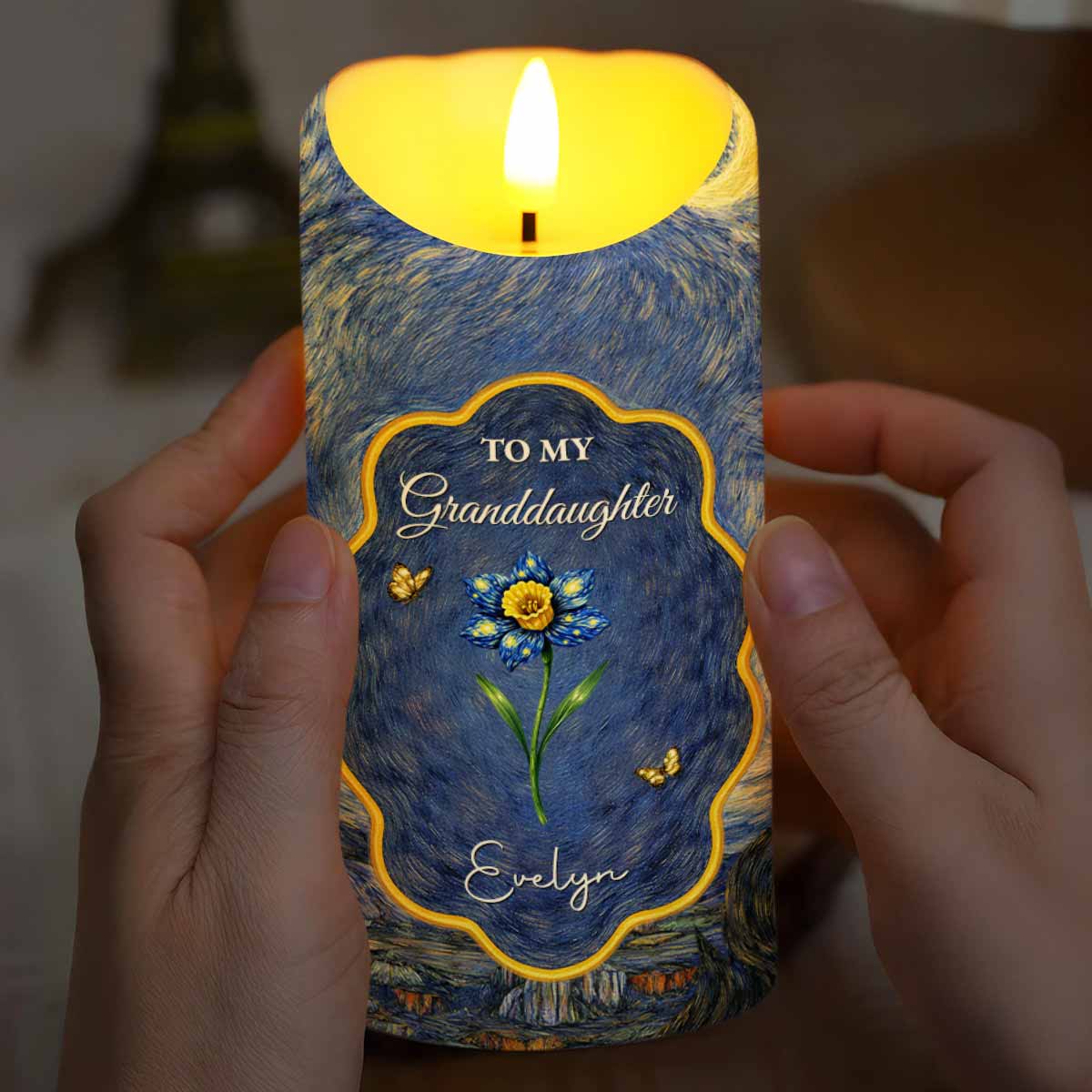 To My Granddaughter Once Upon A Time Blue Flower And Butterflies - Personalized Custom LED Candle - GDT682_LECA