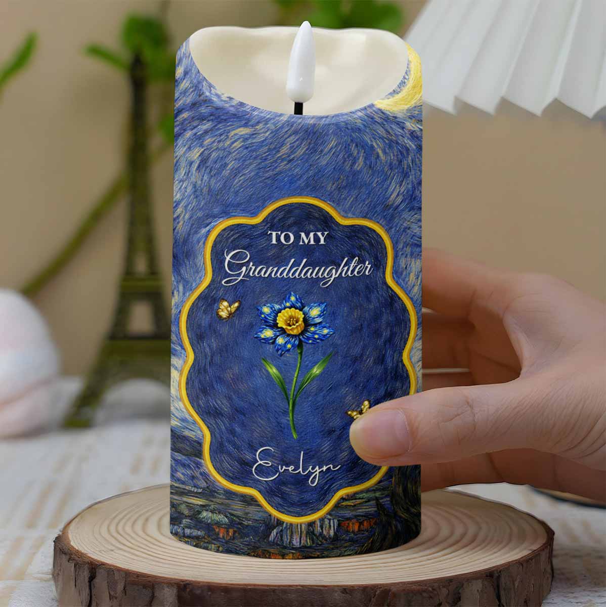 To My Granddaughter Once Upon A Time Blue Flower And Butterflies - Personalized Custom LED Candle - GDT682_LECA