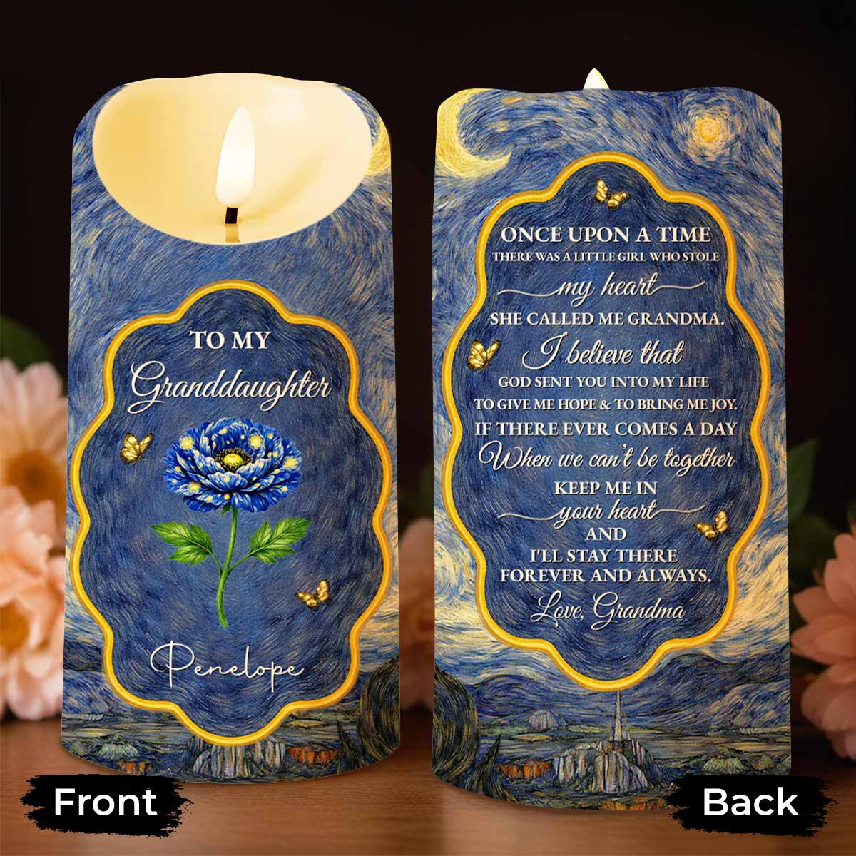 To My Granddaughter Once Upon A Time Blue Flower And Butterflies - Personalized Custom LED Candle - GDT682_LECA