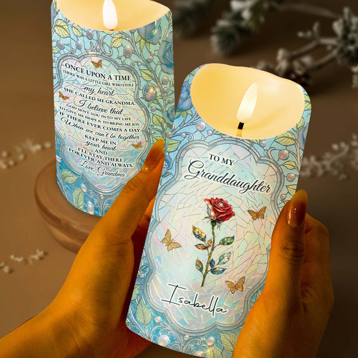 To My Granddaughter Once Upon A Time Birth Month Flower Stained Glass - Personalized Custom LED Candle - GDT686_LECA