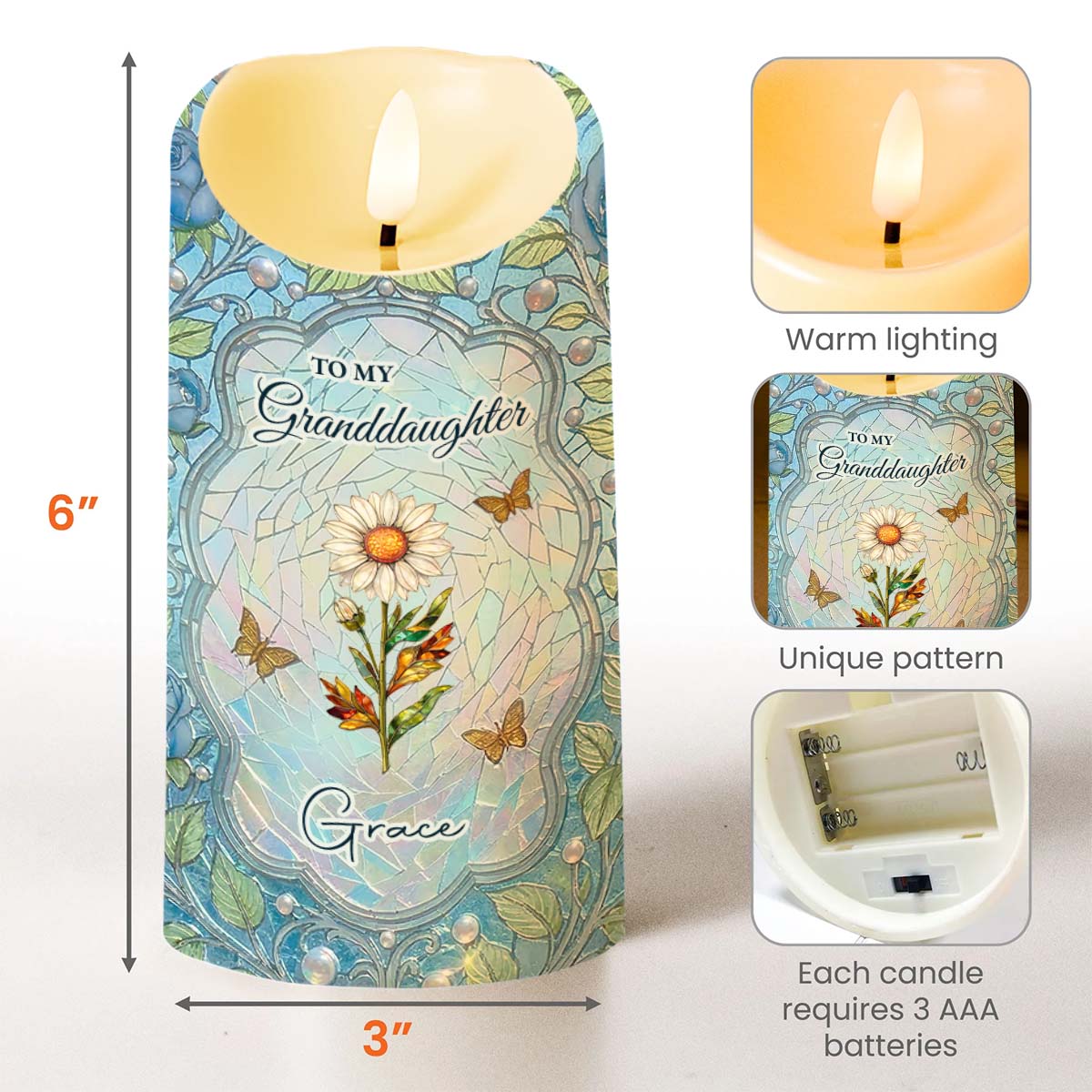 To My Granddaughter Once Upon A Time Birth Month Flower Stained Glass - Personalized Custom LED Candle - GDT686_LECA