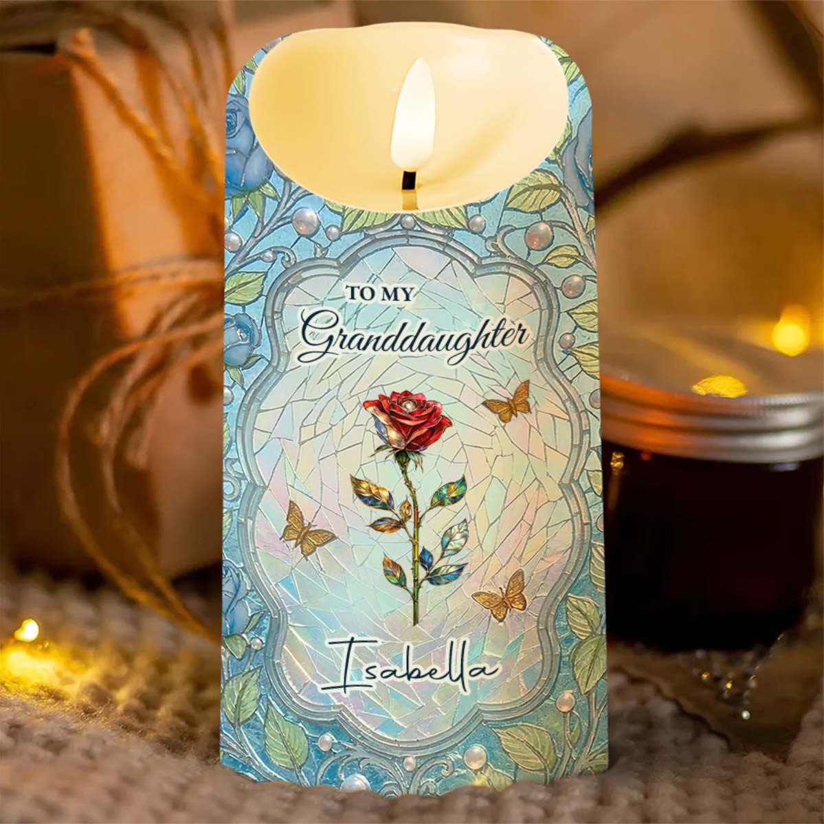 To My Granddaughter Once Upon A Time Birth Month Flower Stained Glass - Personalized Custom LED Candle - GDT686_LECA