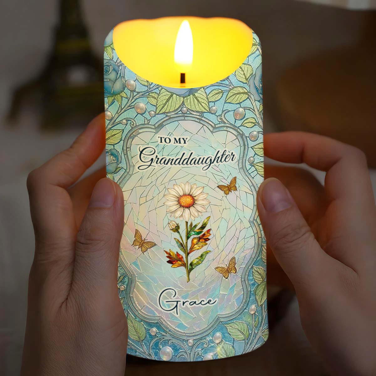 To My Granddaughter Once Upon A Time Birth Month Flower Stained Glass - Personalized Custom LED Candle - GDT686_LECA