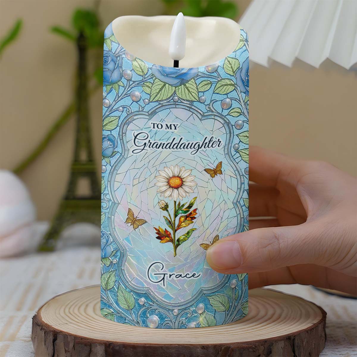 To My Granddaughter Once Upon A Time Birth Month Flower Stained Glass - Personalized Custom LED Candle - GDT686_LECA