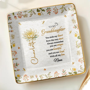To My Granddaughter You Stole My Heart Birth Month Flower - Personalized Custom Jewelry Dish, Ceramic Dish, Square Shape - GDT687_SCRF
