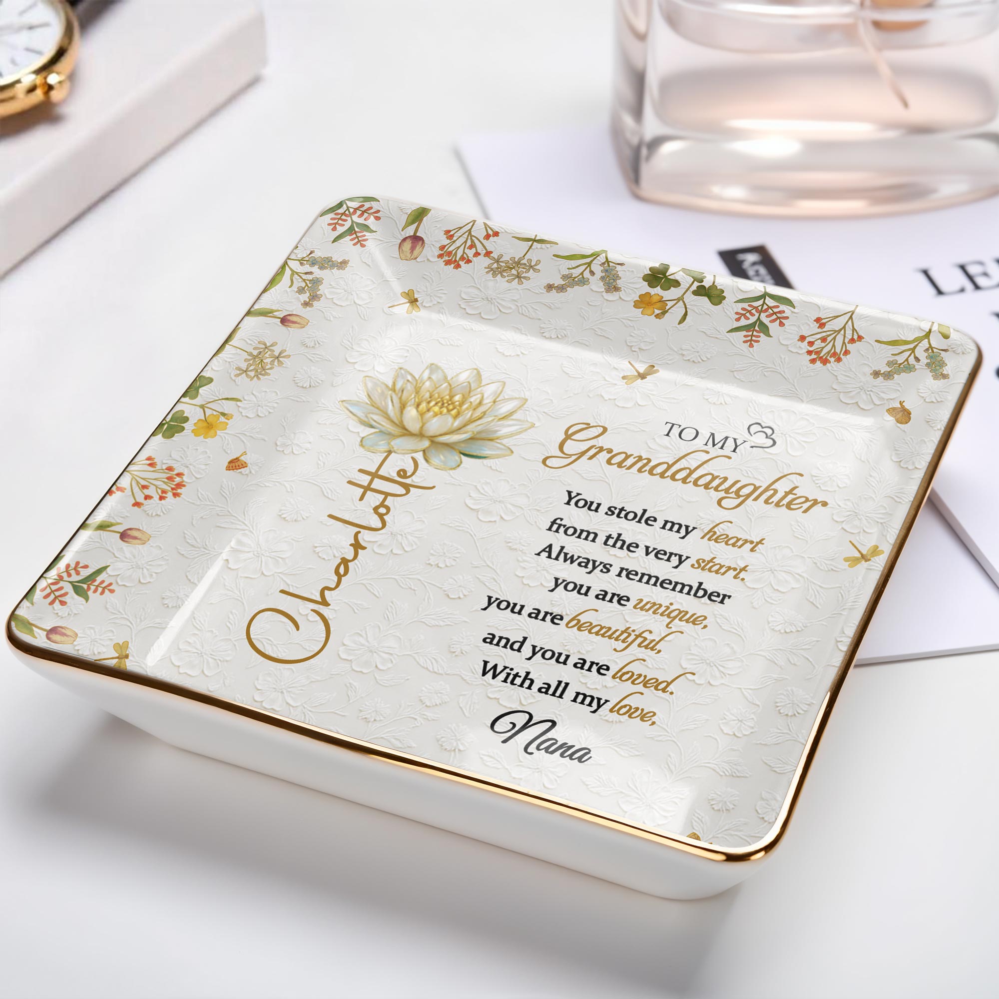 To My Granddaughter You Stole My Heart Birth Month Flower - Personalized Custom Jewelry Dish, Ceramic Dish, Square Shape - GDT687_SCRF