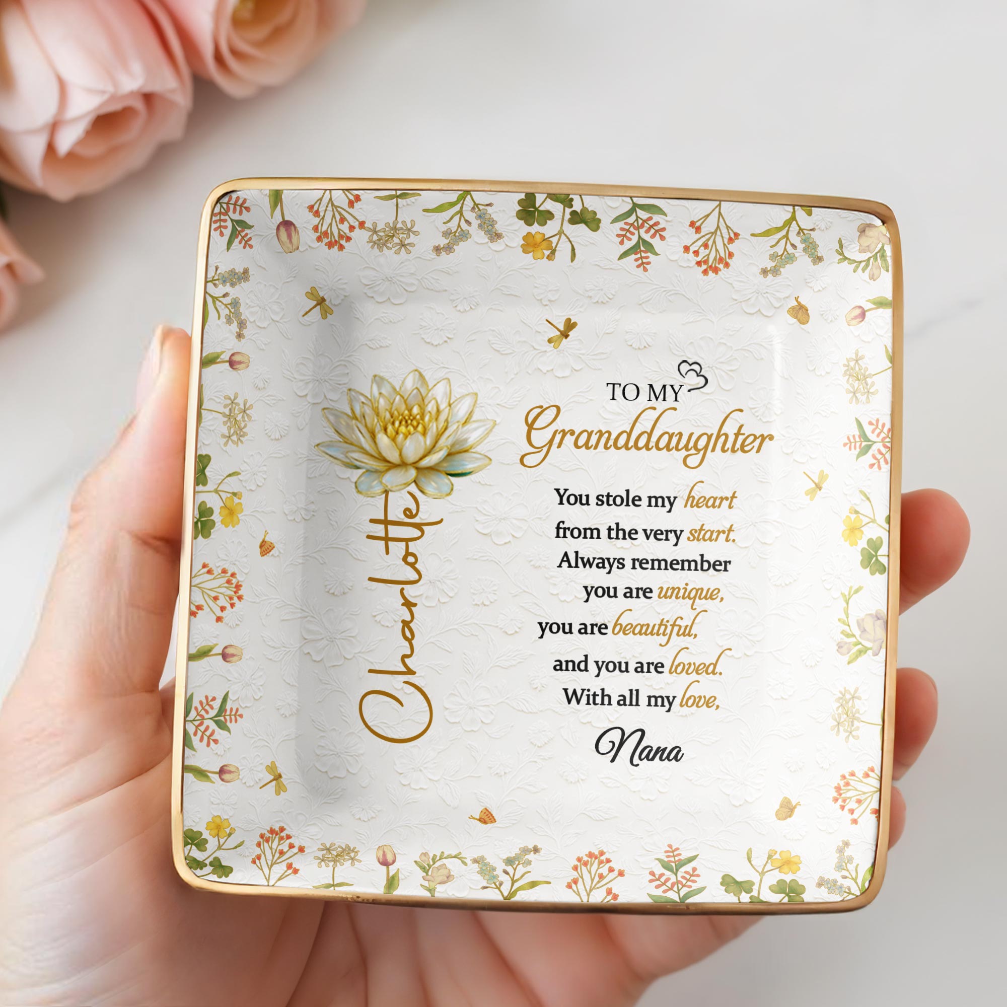 To My Granddaughter You Stole My Heart Birth Month Flower - Personalized Custom Jewelry Dish, Ceramic Dish, Square Shape - GDT687_SCRF